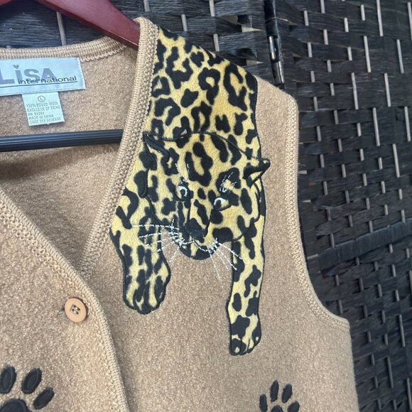 Lisa International Vintage Brown Leopard Boiled Wool Sweater Vest Size Large - Picture 3 of 7